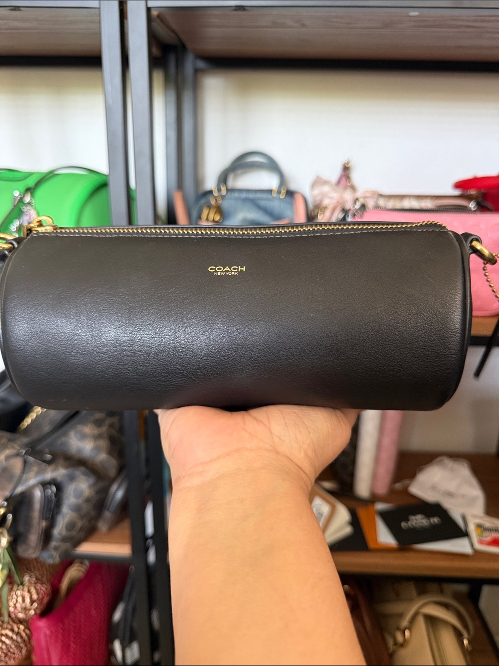 COACH Black Leather Cylindrical Crossbody with Gold Hardware